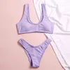 Sexy ребристые Бикини бандо Crop Swimsuit Женщины High Cut Set Фиолетовый купальник купальный костюм из двух частей Плавать Женский 210520