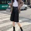 Bahar Siyah PU Deri Kadın Yarım Pantolon Yüksek Bel Bayan Boy Geniş Bacak Pantolon Vintage Kadın Gevşek Artı Boyutu Pantolon 210619