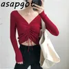 Asapgot Sexy Lace Up Strickpullover Top Mode Herbst Winter Pullover Frauen Chic Rosa V-Ausschnitt Strick Slim Jumper Pull Femme 210429