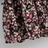 Aachoae Boho Style Floral Print Pleated Dress Long Sleeve Women Mini Dress O Neck Loose Ladies Dresses Beach Sundress Ropa Mujer X0521