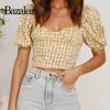 Frauen Blusen Shirts 2021 Chic Daisy Crop Top Tartan Bluse Harajuku Vintage Abgeschnitten Stickerei Kurzarm Ropa Mujer