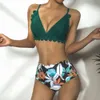 Hohe Taille Bikini Frauen Badeanzug Scallop Trim Print Bademode Weibliche Badeanzug Beachwear Schwimmen Plus Größe 210520