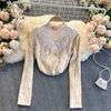 Kvinnor mode söt spets skjorta dam står nacke ruffled kontrast stygn retro sammet långärmad toppar casual blouse q993 210527
