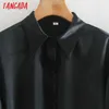 Tangada Lente Mode Vrouwen Zwart Satijn Overhemd Jurk Lange Mouw Kantoor Dames Terug Rits Mini Jurk 2XN42 210609