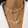 Goth Rhinestone Chain Big Butterfly Pedant Necklace Set Cuban Ice Out Chains Neck Collar Punk Choker Necklace for Women Jewelry X0509