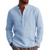 メンズTシャツ2021男性長袖Tシャツリネンボタンアップトップス夏ルースVネックシャツファッションカジュアル男性Tシャツ