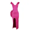 Ruffled Backless Pink V Neck Slit Plus Size Vestido sin mangas Sexy Club Maxi Vestidos para mujer Ropa de diseñador de verano 210527