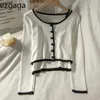 Ezgaga moda contraste de malha tops cardigan mulheres manga longa coreano chique fino botão slim colheita doce camisole fêmea 210914