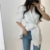 Hzirip 2020 Nya Kvinnor Blazer Summer Office Lady Kortärmad Blazers Kvinna Lös Solid Minimalistisk Ol Suit Jacket Toppar med Belt X0721