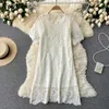 Neploe Elegant Lace Hook Flower Temperament Dress Women High Waist Hip A Line Slim Vestidos O Neck Pullover Short Sleeve Robe Y0823