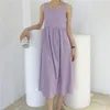 O-neck Sleeveless Pleated Long Dress Green Casual Backless Lace-Up Bow Strap Women Summer es Solid 10133 210508