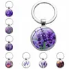 Flower Lavender Glass Glass Cabochon Key Pierścienie Metalowe zdjęcie torebka na brelok wisi dla kobiet Dzieci Biżuteria mody Will i Sandy