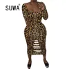 Cheetah Leopard Spliced Women Party Dress Fashion Low Neck Long Sleeve Bandage es Vintage Fall Hollow Slim 210525