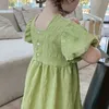 Летние девушки платье корейский стиль квадратный воротник кружева шить принцесса ребенок детская детская одежда для девушки 210625