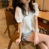 Koreanische Chic Blusas Puff Sleeve Blusen Frauen V-ausschnitt Aushöhlen Häkeln Quaste Patchwork Shirts Sommer Lose Elegante Tops 210519