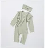 Baby Rompers Jumpsuits Ribbed Cotton Plain Bodysuits med huvudband 2st Ruffed Långärmade Babies Jumpsuit Kläder M3845