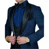 Navy Blue Burgundy Broderi Mens Passar Bröllop Tuxedos Black Shawl Lapel 3 stycken Groom Formell Wear Slim Fit Male Formal Party Prom Blazer (Blazer + Vest + Byxor)
