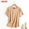 Tangada women khaki basic cotton T shirt short sleeve O neck tees ladies casual tee street wear top 6D5 210623