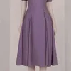 Femmes d'été bureau dame mince taille haute robe violet Sexy col en V femmes basique affaires manches bouffantes 210506