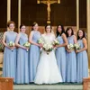 Hafif Gökyüzü Mavi Renk Gelinlik Modelleri Bir Çizgi Mücevher Boyun Şifon Uzun Kat Uzunluk İlkbahar Yaz Hizmetçi Onur Törenlerinde Düğün Misafir Custom Made Artı Boyutu Mevcut