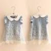 Summer 2-10 Years Old Beautiful Children Kids Pleat Peter Pan Collar Fly Sleeve Party Lace Blue Denim Vest Dress For Girls 210701