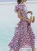 violet volants slash cou floral maxi robes pour femmes station de vacances chic style victorien vintage roupas femininas corde 210421