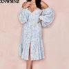 Za Mulheres Outono Floral Impressão Vestido Vintage Sexy Slow Sleeve Mid-bezerro Vestido Mulheres Sundress Casual Bohemian Beach Vestidos 210320