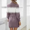 Höst vinter stickad tröja klänning a-line byge för kvinnor trutleneck lykta ärm färg matchande ull klänning 210508