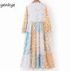 Patchwork doux imprimé floral robe longue femmes élégantes manches col en V décontracté plissé boho été plus taille SDP6621 210514