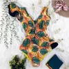 Sexy Ruffle Print Floral One Piece Badpak off the Shoulder Swimwear Dames Solid Deep-V Beachwear Badpak Monnini