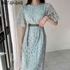 MATAKAWA Heavy Industry Lace Crocheted Woman Dress Loose Lace Waist Short Sleeve Vestidos Korea Summer Round Neck Robe Femme 210513