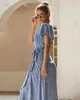 Kadın Elbiseler 2021 Bahar Çiçek Baskı Uzun Eğlence Elbiseleri V Yaka Kısa Kollu Fırfır Bohemia Kadın Elbiseler X0521