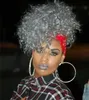 Saf Gri Afro Puf İpli At Kuyruğu Bun Bang İnsan Kısa Kinky Gri Midilli Kuyruk Updo Saç Uzantıları Klipler, Doğal Görünümlü Kıvırcık Kadın Hairpieces 120g 140g