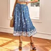 Sommer Bohemian Vintage Halblange Midi Rock Frauen Blumendruck Sexy Split Hohe Taille Casual Damen Strand Boho Röcke 210608