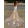 2022 Sexy Backless Krótki Rękaw Syrenki Suknie Ślubne Aplikacje Koronki Długi Ogród Plaża Suknie Ślubne Robe de Mariée Back Lace-Up Bride Dress Vestidos