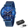 Lige Mens часов верхний бренд роскошный мода синий ремешок кварцевые часы мужские лунные фазовые часы календарь водонепроницаемый хронограф 210527