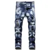 Homens originais Rasgado Badge Blue Skinny Calças de brim dos homens Designer de moda magro Slim Fit lavado MotoCycle Calças de denim Paneled Hip Hop Calças 1019