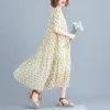 Johnature Sommer Koreanische Retro Mode Dot Floral Print V-ausschnitt Kurzarm Kleider Einfache Lose Bequeme Frauen Kleid 210521