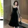 Jesień Zima Elegancka Dress Dress Velvet Mesh Sleeve Bodycon Balck Midi Dresses Odzież damska 210608