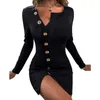 Autumn Knitted Womens Sexy Mini Dress Solid Long Sleeve Button Slit Slim Bodycon Ladies Trendy V Neck Party Casual Dresses