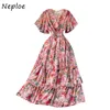 NEPLOE Lato Nowy Kwiat Plisowany Vestidos V Neck Slim High Waist Bohemian Midi Sukienka Butterfly Rękaw Ruffled Elegancki Femme Robe C0607