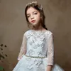 Miniature Wedding Dresses 3 Quarter Sleeves Big Bow Back Long First Communion Dress for Little Girls Handmade Flowers