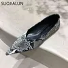 SUOJIALUN New Fashion Pointed Toe Flats Shoes Brand Serpentine Pattern Ballet Flat Shallow Ballerina Slip On Casual Loafer Stylish