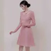 Llzacoosh Sonbahar Kış Süet Kumaş Parti Elbise Pist Pembe Uzun Kollu Balo Elbise Elbise Vintage Ofis Vestidos Oymak 210514