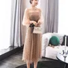 Fashion Spring Long lantern sleeve Dress turtleneck Women patchwork Dot Khaki Mesh Office party Dresses with belt 210514