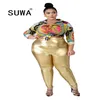 Femmes taille haute PU Gold Stamping Pantalon Winter Lady Grossiste Plus Taille XL-5XL Solide Skinny Crayon Pantalon 210525