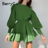 Fashion-Berrygo College Style Lantern Sleev Fruffled 여성 드레스 녹색 우아한 A 라인 탄성 허리 미니 여성 솔리드 Vestidos