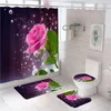 3D-blauw rood roze rose print douche gordijn set badkamer bading scherm anti-slip toilet dek deksel tapijt tapijten keuken home decor 210915