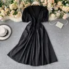 Summer Women Elegant Relaxed V-neck A-line Medium Long Dress Hollow Out Flower Puff Sleeve Short High Waist 210430