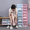 명확한 플라스틱 저장 구두 상자 방진 스 니커 주최자 플립 투명 하이힐 상자 캔디 컬러 쌓을 수있는 신발 용기 핑크 케이스